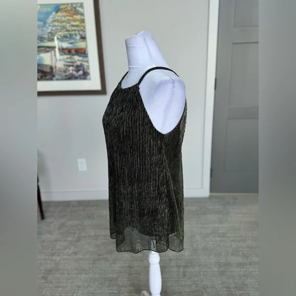 Metallic Black Gold Pleated Halter Top Sheer Overlay Date Night Party XS - Picture 7 of 12